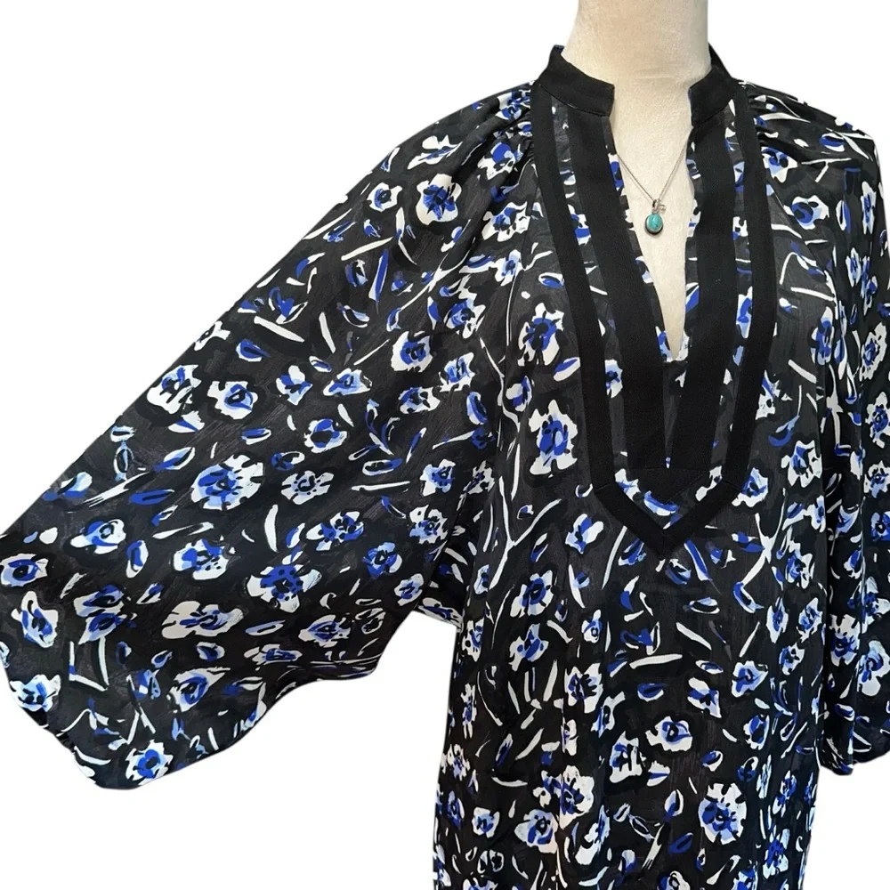 Tory‎ Burch Puff Sleeve Handkerchief Floral Tunic Asymmetric Midi Dress Small